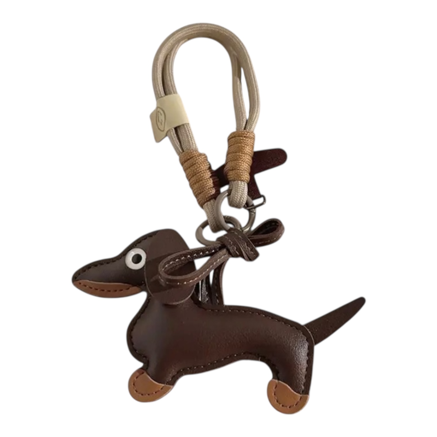 llavero de perro salchica con correa en cuero cafe