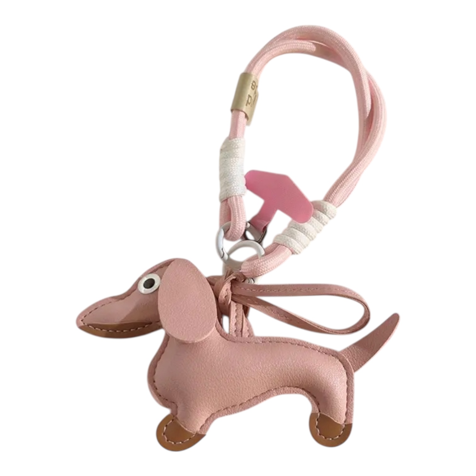 llavero de perro salchica con correa en cuero rosado