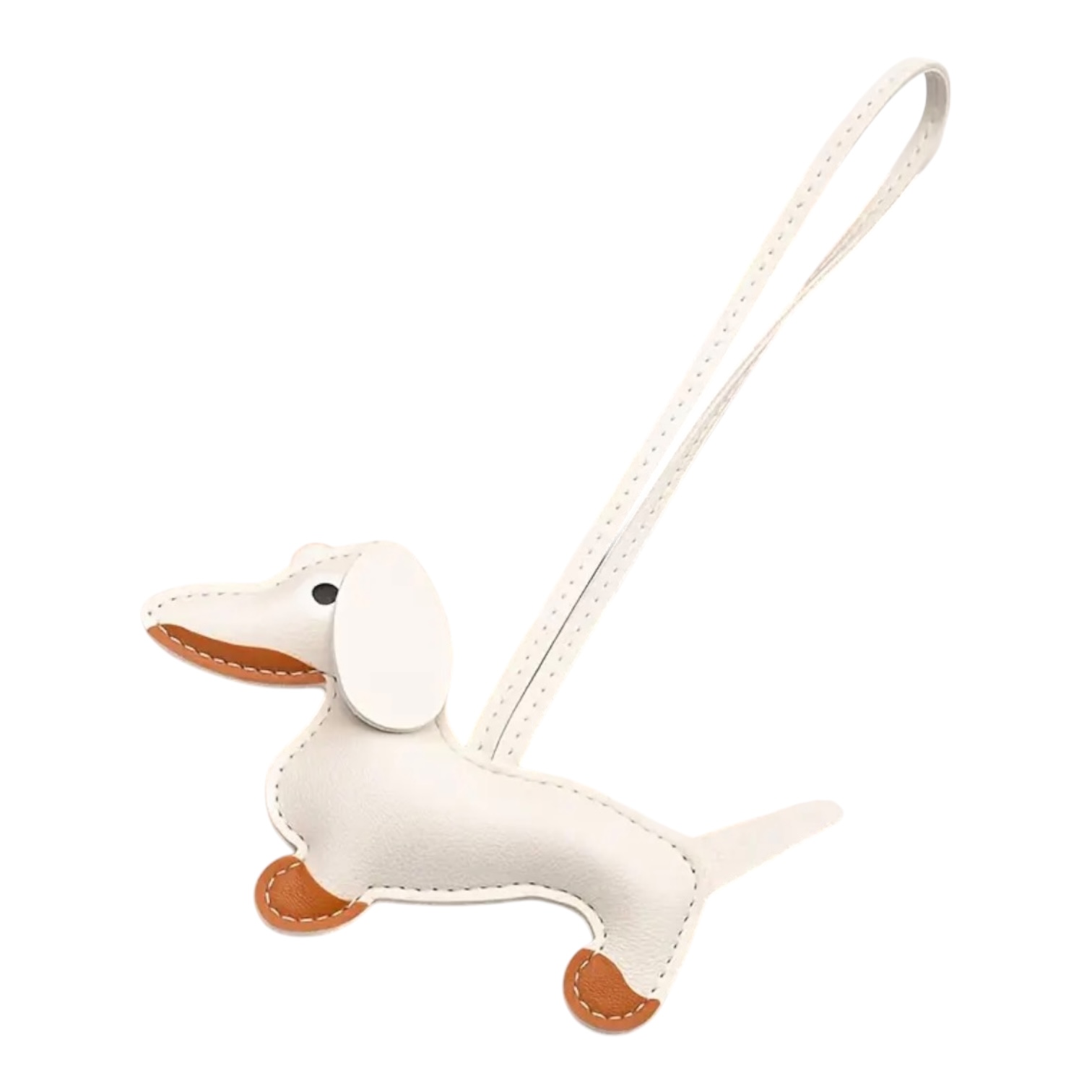 llavero perro salchica cuero blanco